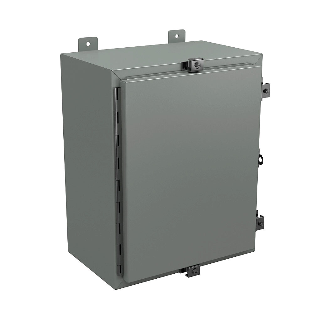 N4201610 - Wiegmann enclosure, NEMA 4/12/13, 20 x 16 x 10in (HxWxD), wall mount, carbon steel, ANSI 61 gray, powder coat finish, single-door, stainless steel clamps, padlock hasp and staple.
