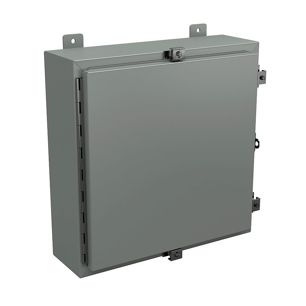 N4202006 - Wiegmann enclosure, NEMA 4/12/13, 20 x 20 x 6in (HxWxD), wall mount, carbon steel, ANSI 61 gray, powder coat finish, single-door, stainless steel clamps, padlock hasp and staple.