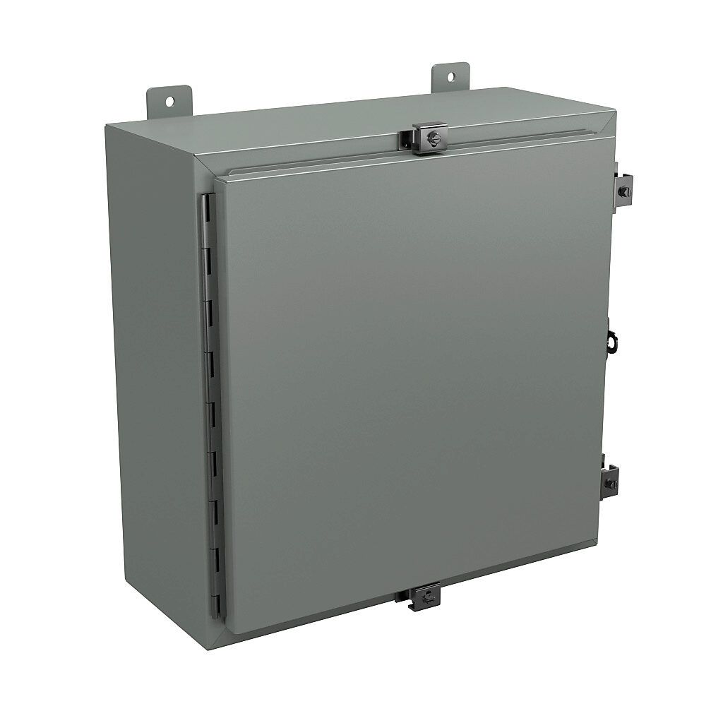 N4202008 - Wiegmann enclosure, NEMA 4/12/13, 20 x 20 x 8in (HxWxD), wall mount, carbon steel, ANSI 61 gray, powder coat finish, single-door, stainless steel clamps, padlock hasp and staple.