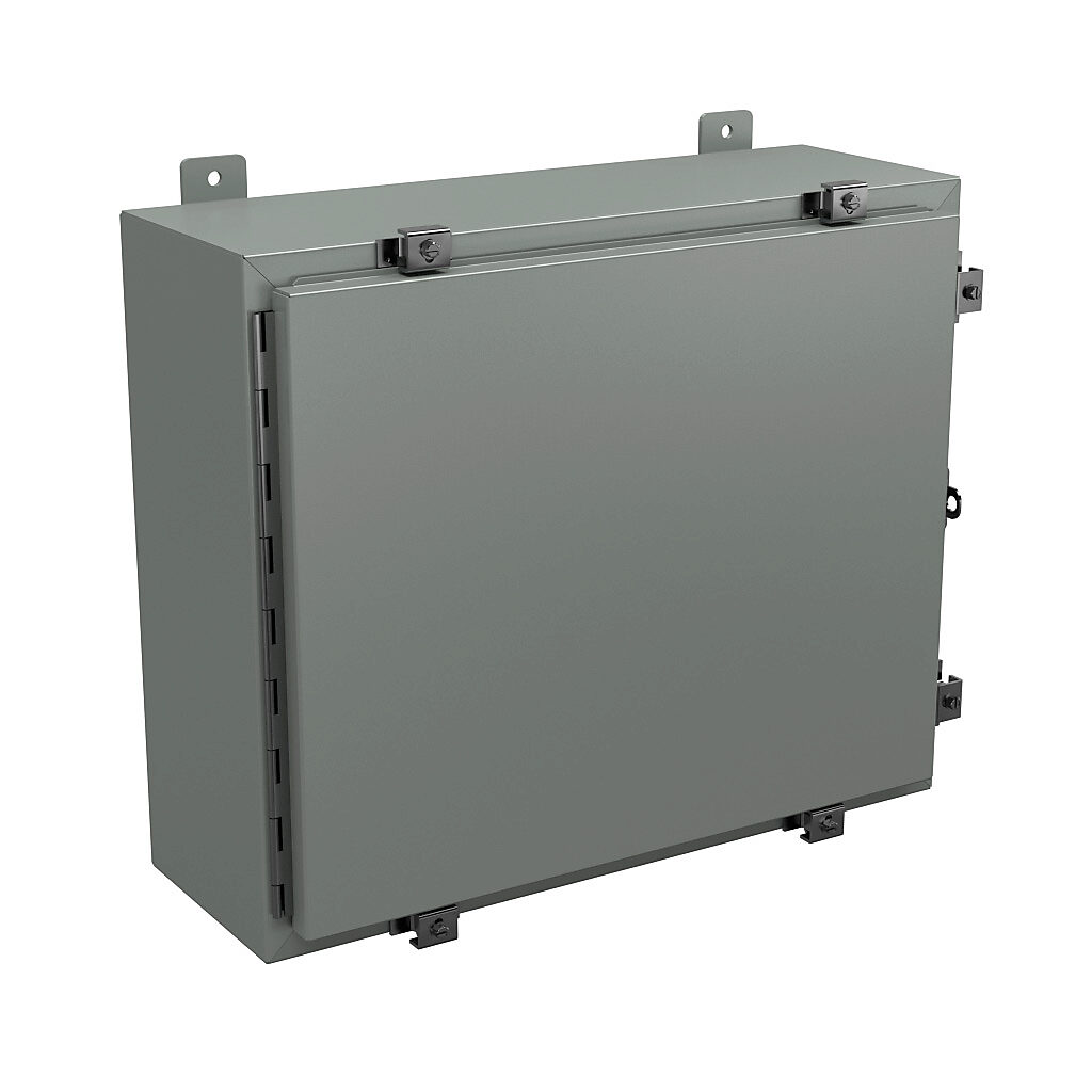 N4202408 - Wiegmann enclosure, NEMA 4/12/13, 20 x 24 x 8in (HxWxD), wall mount, carbon steel, ANSI 61 gray, powder coat finish, single-door, stainless steel clamps, padlock hasp and staple.