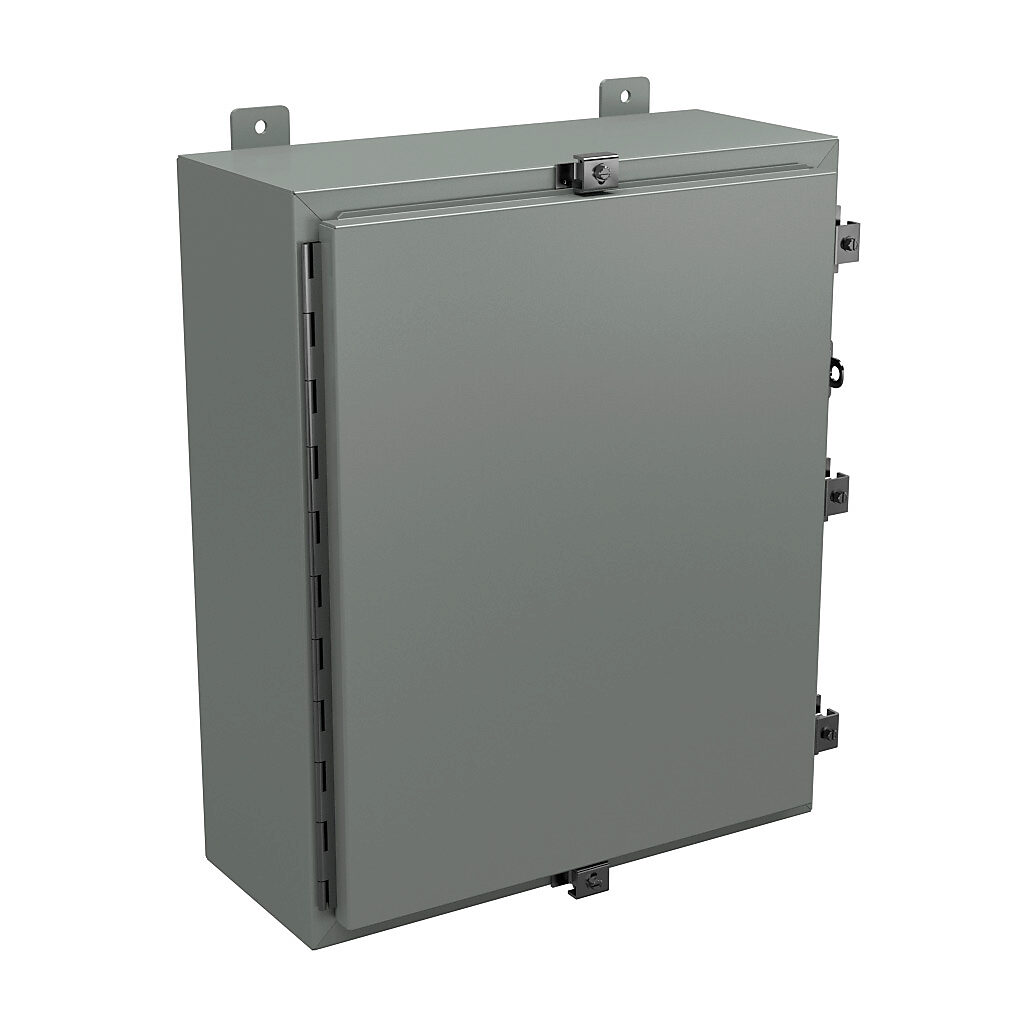 N4242008 - Wiegmann enclosure, NEMA 4/12/13, 24 x 20 x 8in (HxWxD), wall mount, carbon steel, ANSI 61 gray, powder coat finish, single-door, stainless steel clamps, padlock hasp and staple.
