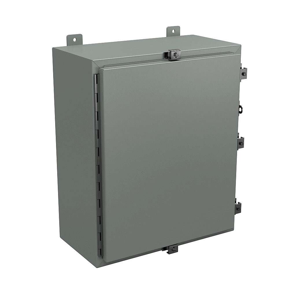 N4242010 - Wiegmann enclosure, NEMA 4/12/13, 24 x 20 x 10in (HxWxD), wall mount, carbon steel, ANSI 61 gray, powder coat finish, single-door, stainless steel clamps, padlock hasp and staple.