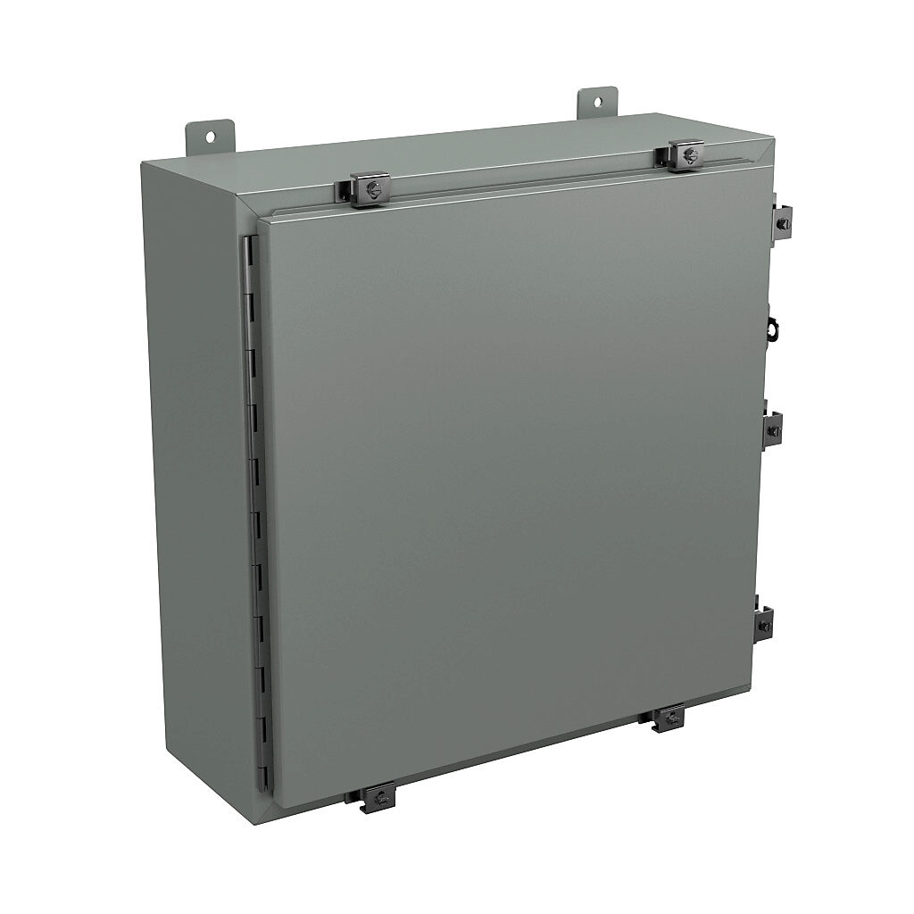 N4242408 - Wiegmann enclosure, NEMA 4/12/13, 24 x 24 x 8in (HxWxD), wall mount, carbon steel, ANSI 61 gray, powder coat finish, single-door, stainless steel clamps, padlock hasp and staple.