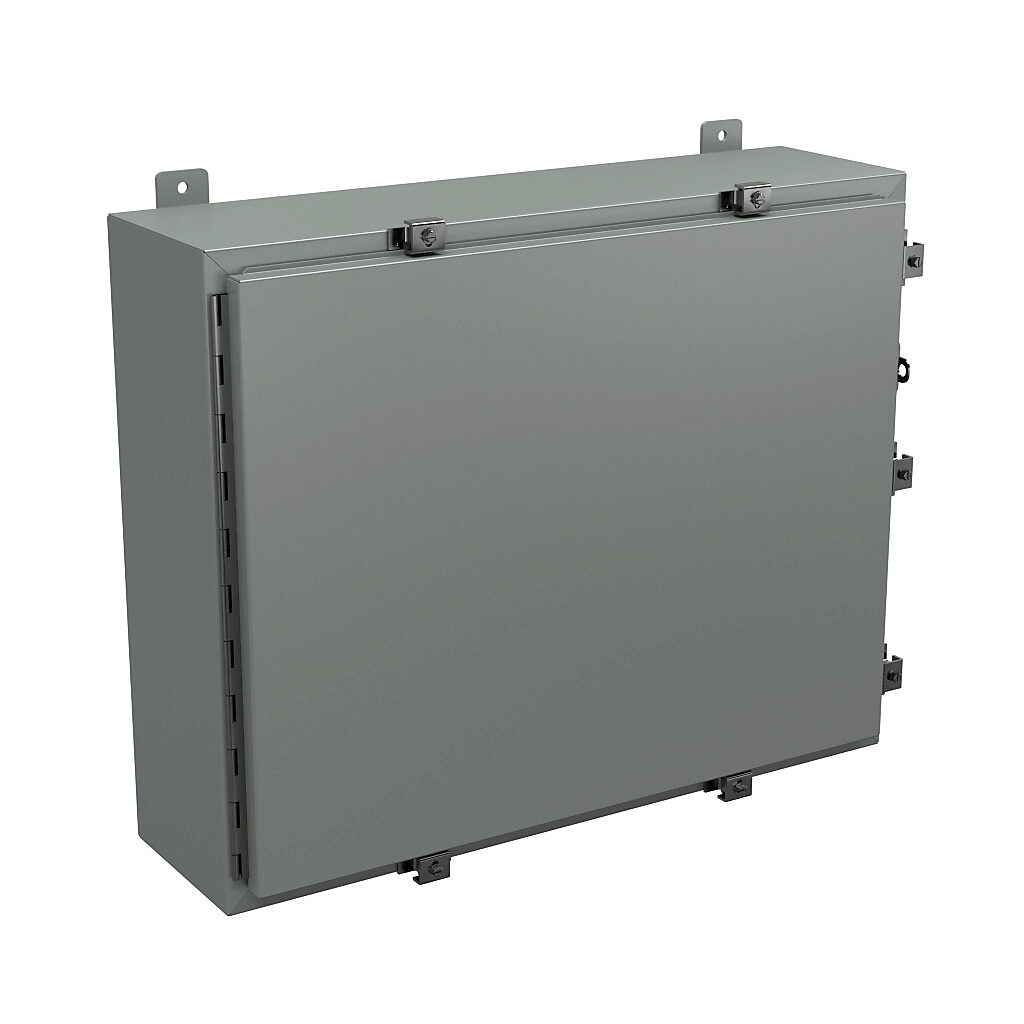 N4243008 - Wiegmann enclosure, NEMA 4/12/13, 24 x 30 x 8in (HxWxD), wall mount, carbon steel, ANSI 61 gray, powder coat finish, single-door, stainless steel clamps, padlock hasp and staple.