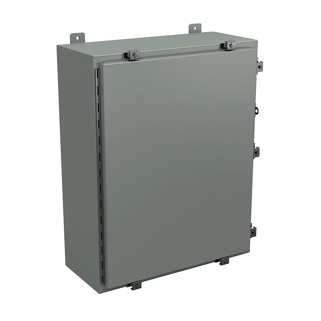 N4302410 - Wiegmann enclosure, NEMA 4/12/13, 30 x 24 x 10in (HxWxD), wall mount, carbon steel, ANSI 61 gray, powder coat finish, single-door, stainless steel clamps, padlock hasp and staple.
