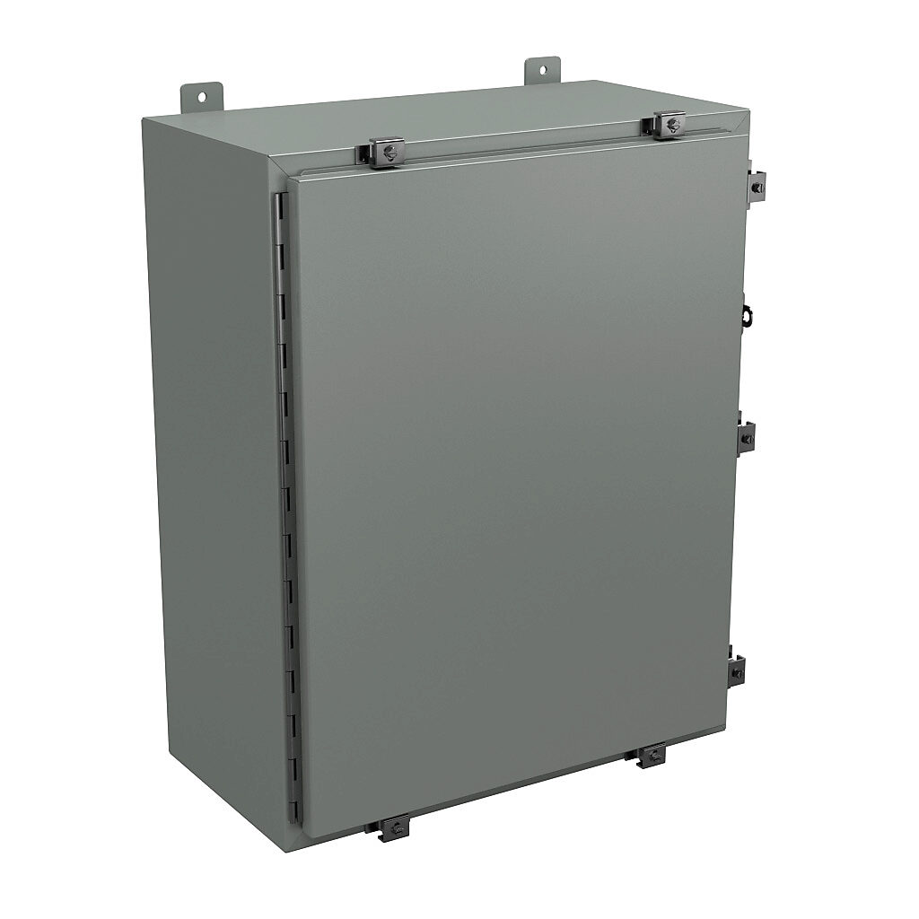 N4302412 - Wiegmann enclosure, NEMA 4/12/13, 30 x 24 x 12in (HxWxD), wall mount, carbon steel, ANSI 61 gray, powder coat finish, single-door, stainless steel clamps, padlock hasp and staple.