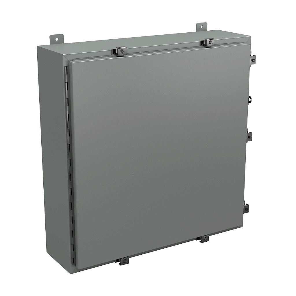 N4303008 - Wiegmann enclosure, NEMA 4/12/13, 30 x 30 x 8in (HxWxD), wall mount, carbon steel, ANSI 61 gray, powder coat finish, single-door, stainless steel clamps, padlock hasp and staple.