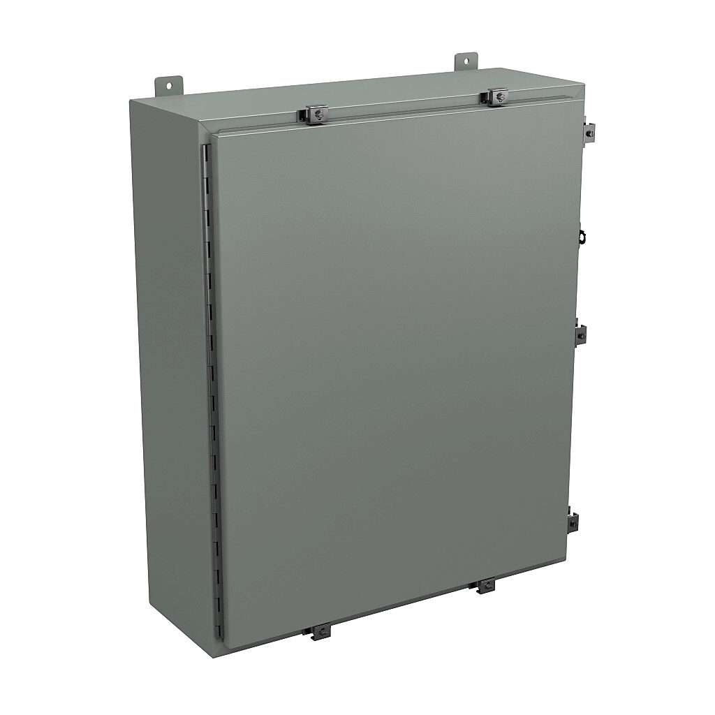 N4363010 - Wiegmann enclosure, NEMA 4/12/13, 36 x 30 x 10in (HxWxD), wall mount, carbon steel, ANSI 61 gray, powder coat finish, single-door, stainless steel clamps, padlock hasp and staple.
