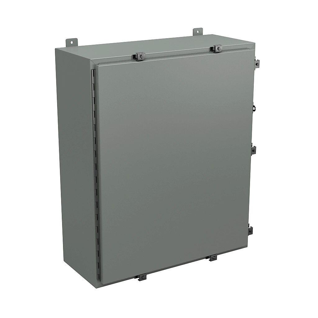 N4363012 - Wiegmann enclosure, NEMA 4/12/13, 36 x 30 x 12in (HxWxD), wall mount, carbon steel, ANSI 61 gray, powder coat finish, single-door, stainless steel clamps, padlock hasp and staple.
