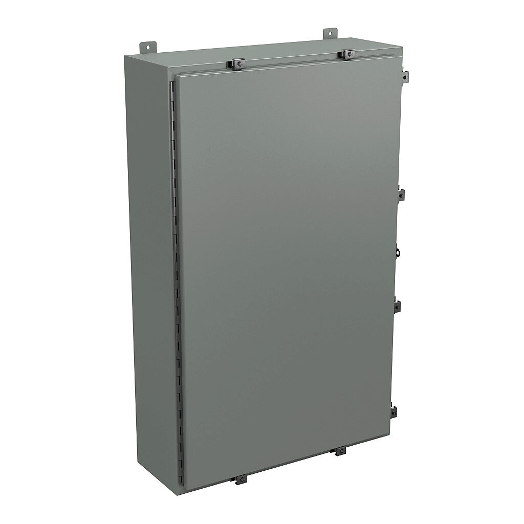 N4483010 - Wiegmann enclosure, NEMA 4/12/13, 48 x 30 x 10in (HxWxD), wall mount, carbon steel, ANSI 61 gray, powder coat finish, single-door, stainless steel clamps, padlock hasp and staple.