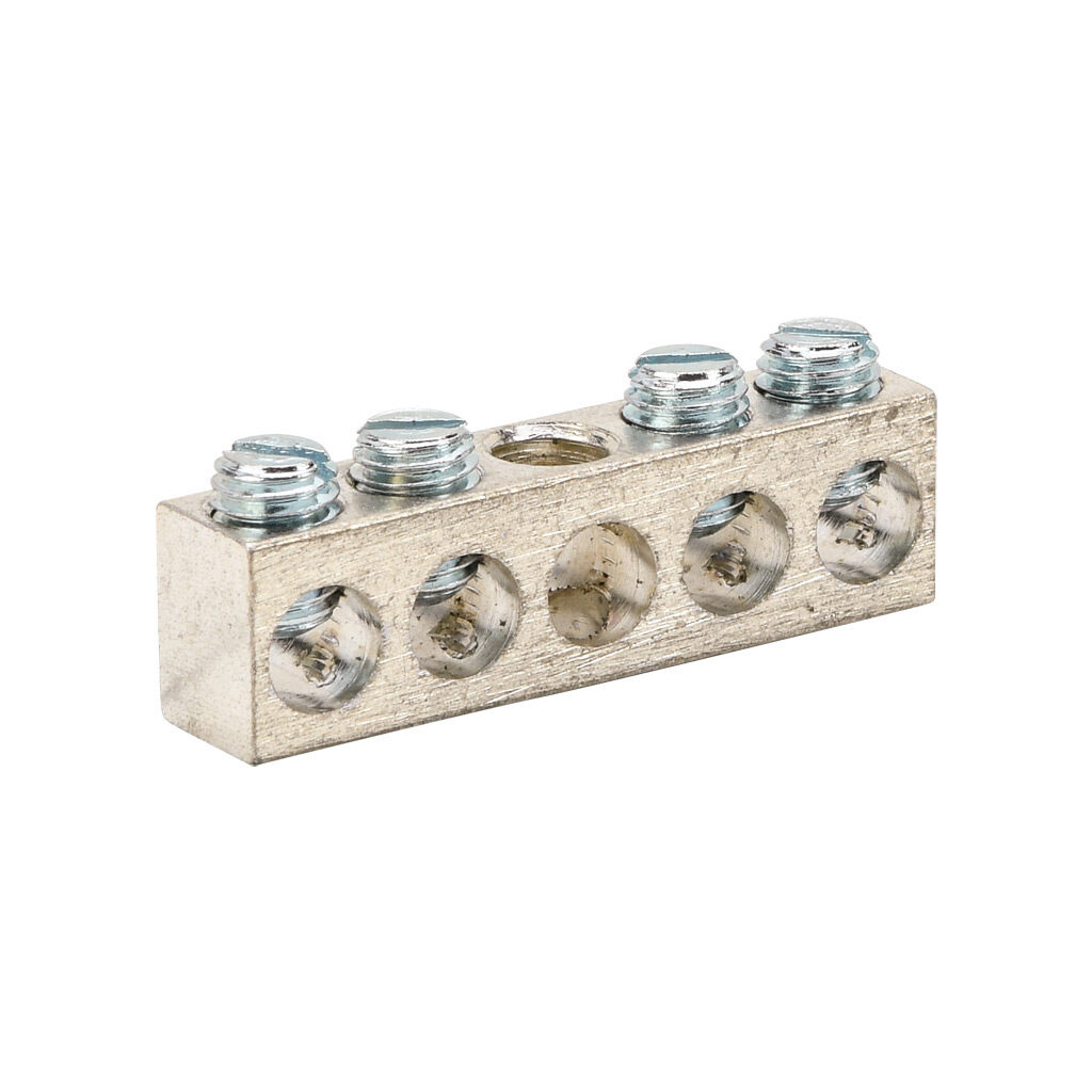 NA-402-1 - Penn-Union neutral bar, tin-plated aluminum, 5 openings, 4 circuits, mounting hole position 3, copper or aluminum, AL9CU.