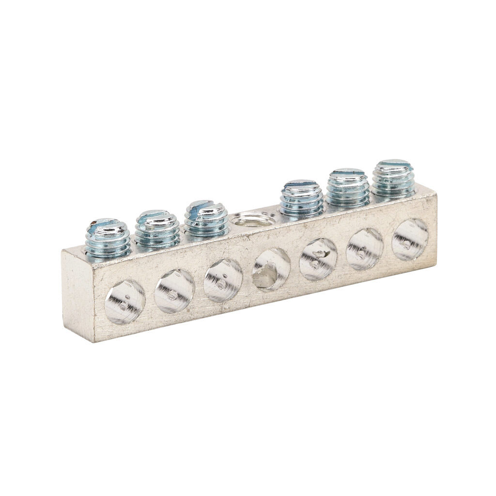 NA-404-1 - Penn-Union neutral bar, tin-plated aluminum, 7 openings, 6 circuits, mounting hole position 4, copper or aluminum, AL9CU.