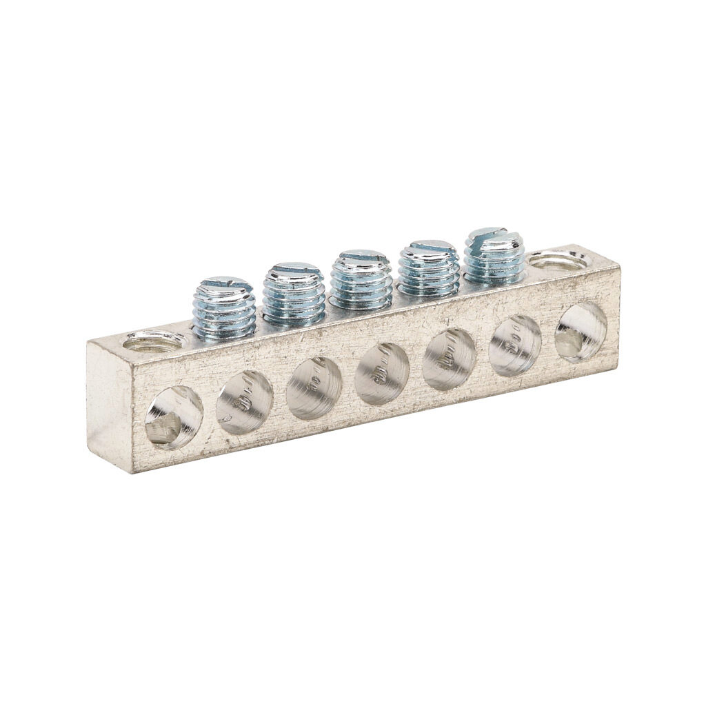 NA-406-1 - Penn-Union neutral bar, tin-plated aluminum, 7 openings, 5 circuits, mounting hole position 1 and 7, copper or aluminum, AL9CU.