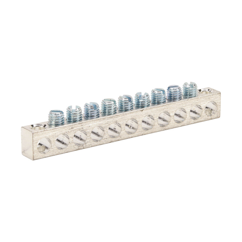 NA-410-1 - Penn-Union neutral bar, tin-plated aluminum, 11 openings, 9 circuits, mounting hole position 1 and 11, copper or aluminum, AL9CU.