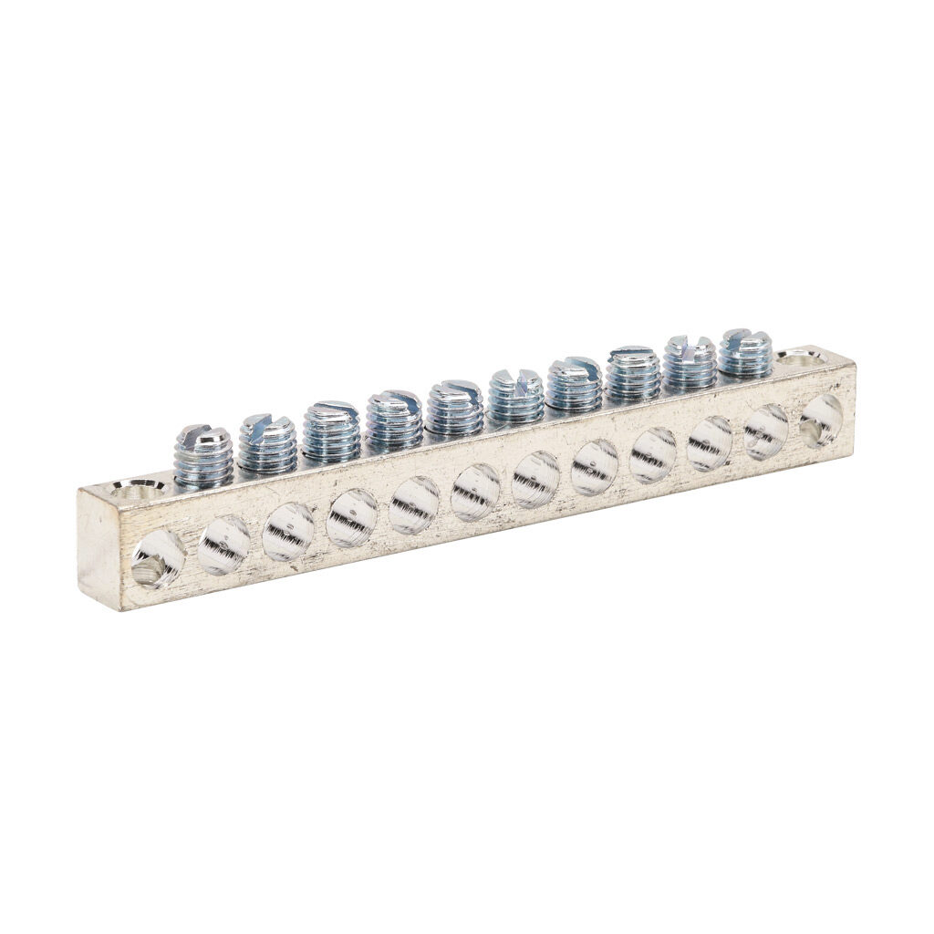 NA-411-1 - Penn-Union neutral bar, tin-plated aluminum, 12 openings, 10 circuits, mounting hole position 1 and 12, copper or aluminum, AL9CU.