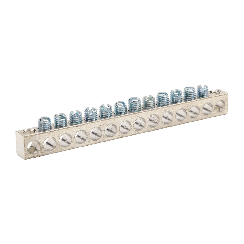 NA-412-1 - Penn-Union neutral bar, tin-plated aluminum, 14 openings, 12 circuits, mounting hole position 1 and 14, copper or aluminum, AL9CU.