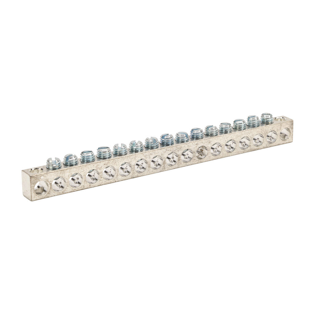 NA-413-1 - Penn-Union neutral bar, tin-plated aluminum, 17 openings, 15 circuits, mounting hole position 1 and 17, copper or aluminum, AL9CU.