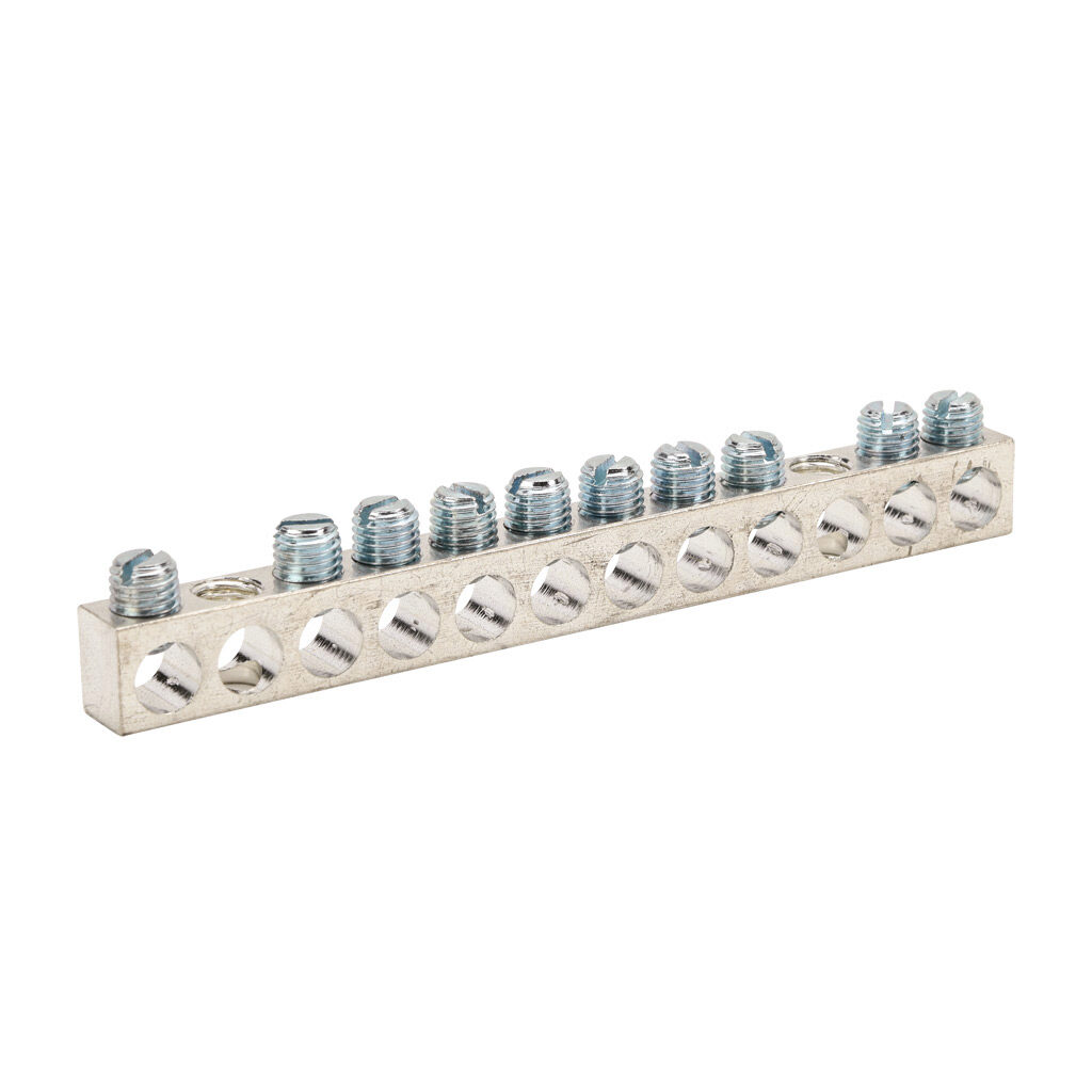 NA-416-1 - Penn-Union neutral bar, tin-plated aluminum, 12 openings, 10 circuits, mounting hole position 3 and 11, aluminum, AL9.