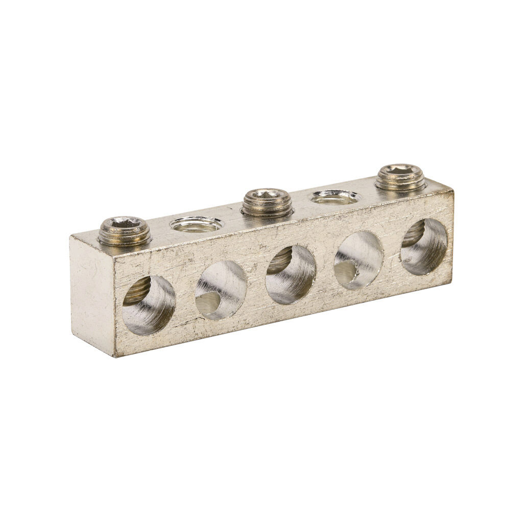 NA-418-1 - Penn-Union neutral bar, tin-plated aluminum, 5 openings, 3 circuits, mounting hole position 2 and 4, copper or aluminum, AL9CU.