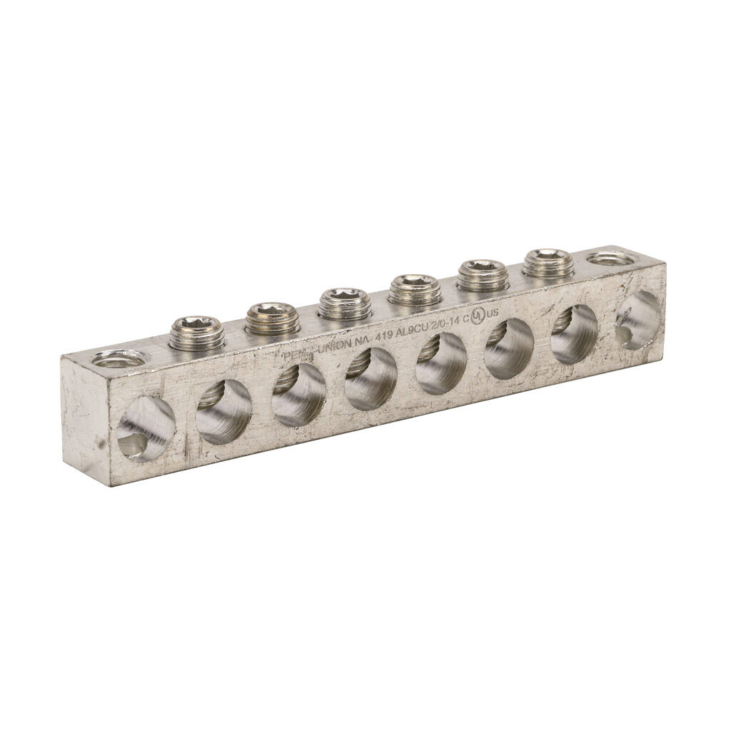 NA-419-1 - Penn-Union neutral bar, tin-plated aluminum, 8 openings, 6 circuits, mounting hole position 1 and 8, copper or aluminum, AL9CU.