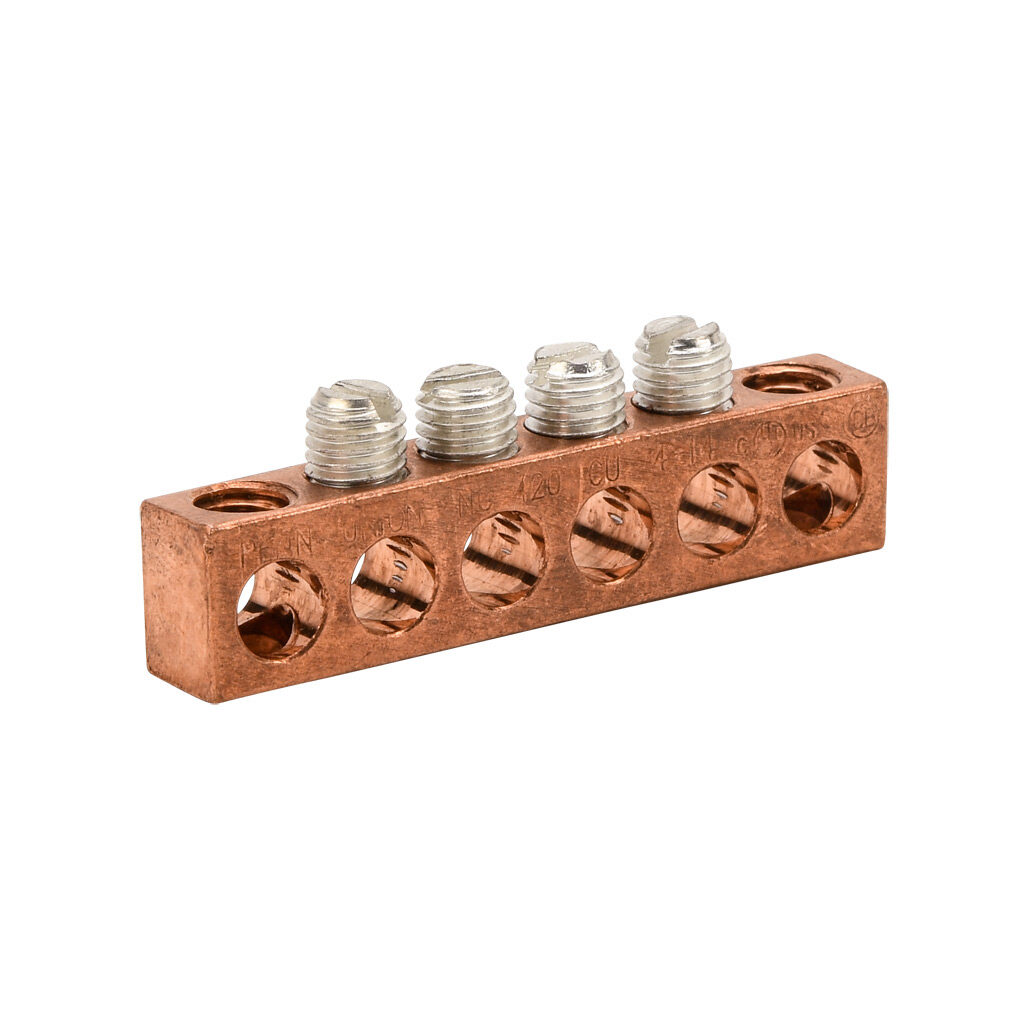 NC-420-1 - Penn-Union neutral bar, copper, 6 openings, 4 circuits, mounting hole position 1 and 6, copper.