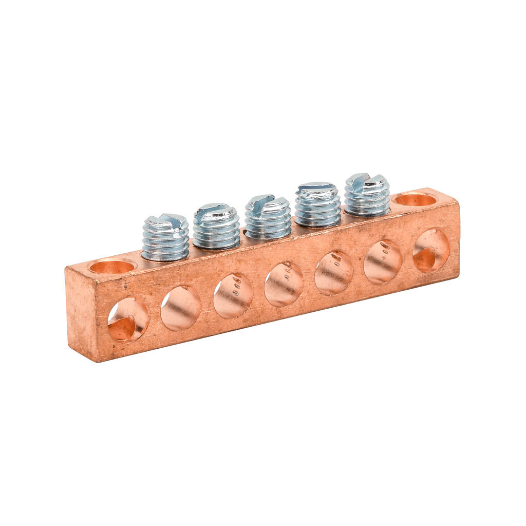 NC-421-1 - Penn-Union neutral bar, copper, 7 openings, 5 circuits, mounting hole position 1 and 7, copper.