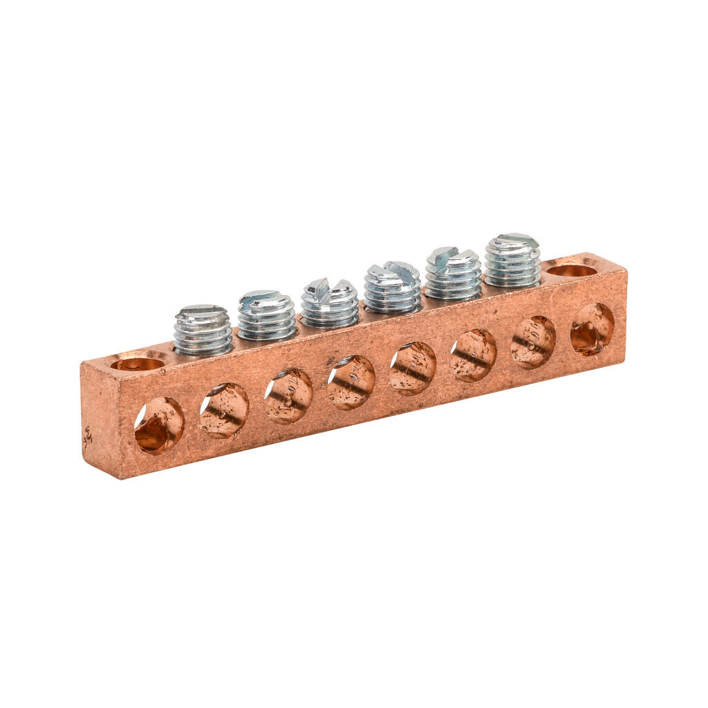 NC-422-1 - Penn-Union neutral bar, copper, 8 openings, 6 circuits, mounting hole position 1 and 8, copper.