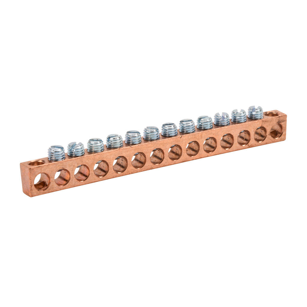 NC-423-1 - Penn-Union neutral bar, copper, 14 openings, 12 circuits, mounting hole position 1 and 14, copper.