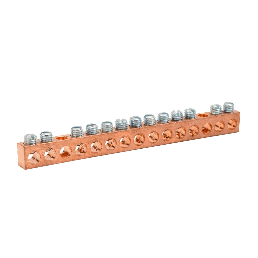 NC-424-1 - Penn-Union neutral bar, copper, 15 openings, 13 circuits, mounting hole position 3 and 13, copper.
