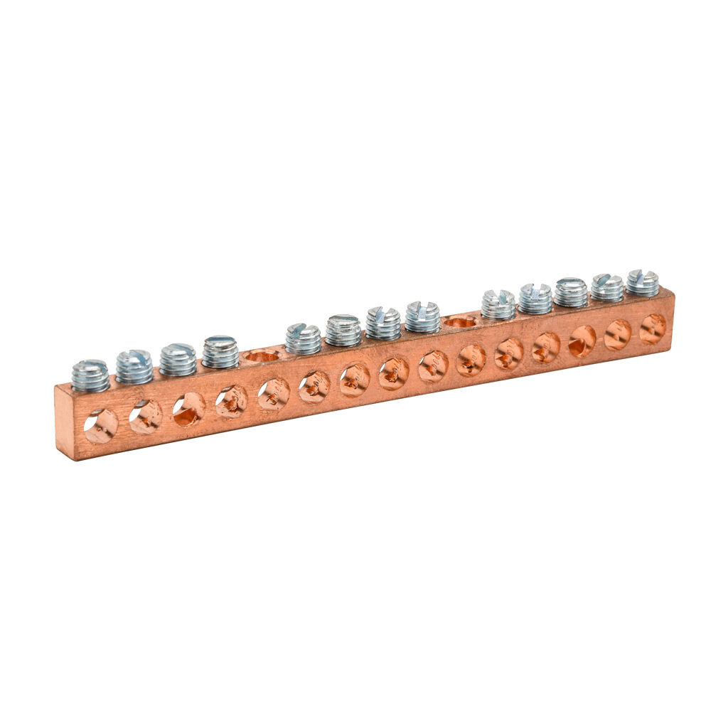 NC-425-1 - Penn-Union neutral bar, copper, 15 openings, 13 circuits, mounting hole position 6 and 11, copper.