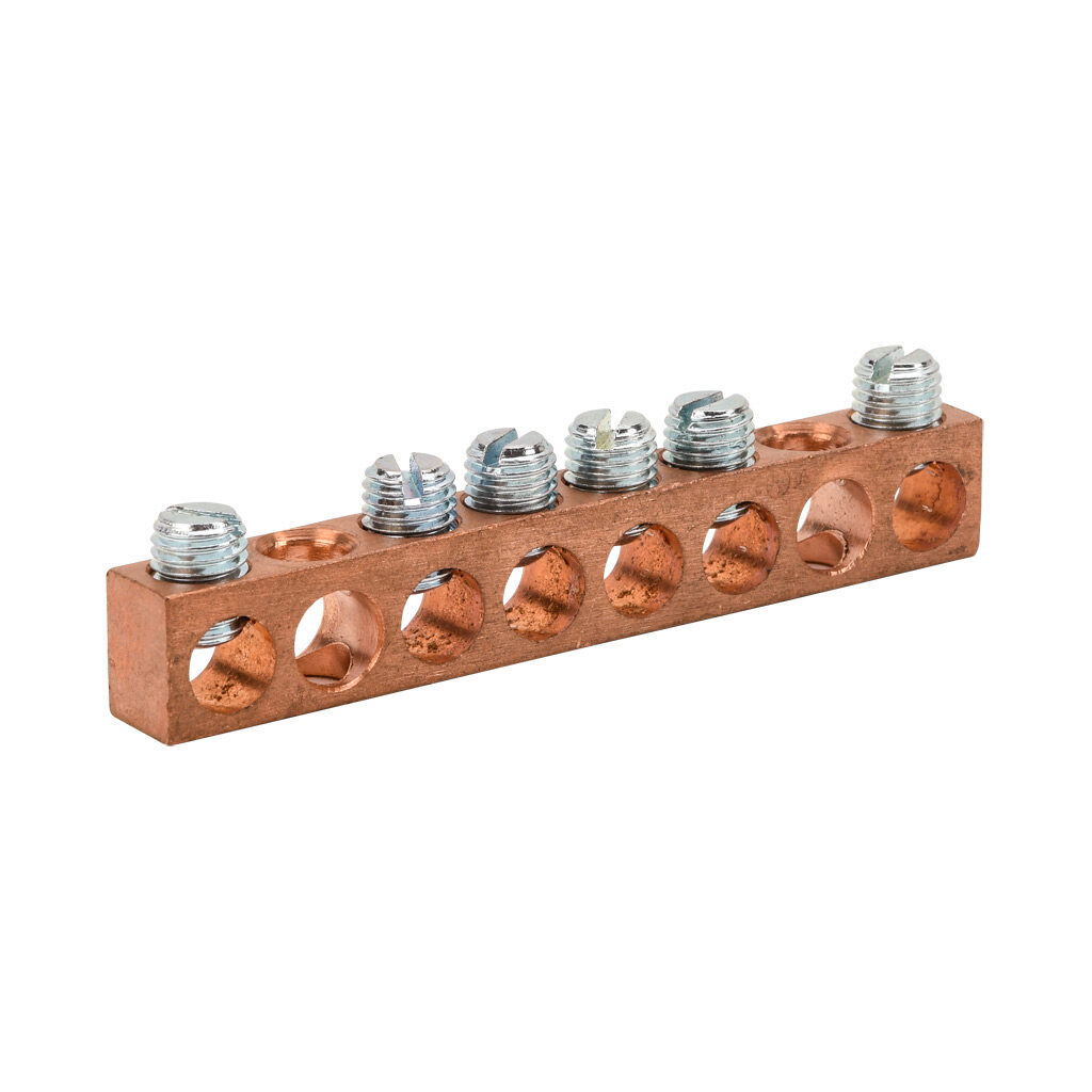NC-428-1 - Penn-Union neutral bar, copper, 8 openings, 6 circuits, mounting hole position 2 and 7, copper.