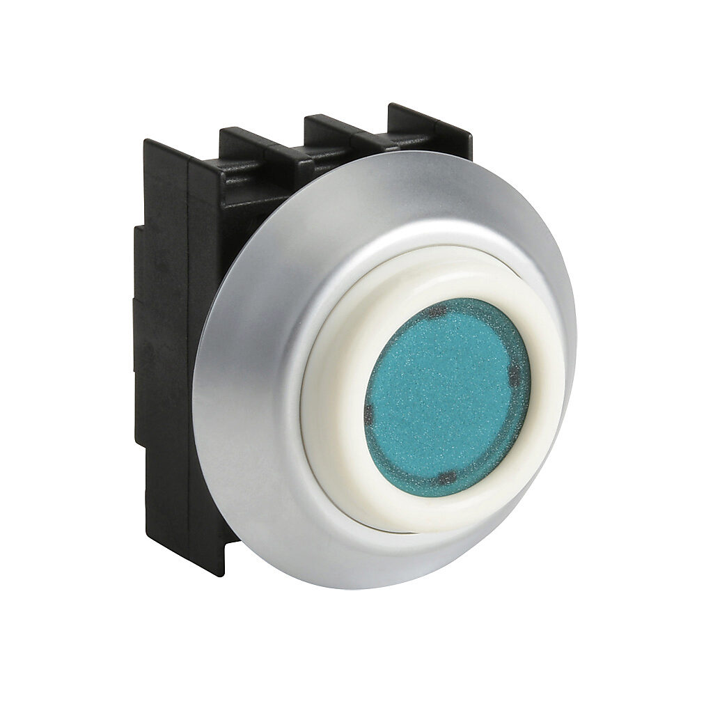 NDLGN - Schmersal pushbutton, IP67 and IP69K, 22mm, momentary, operator only, plastic base, plastic bezel, Operator: green, extended, 27mm, round, plastic. Requires contact and light blocks.