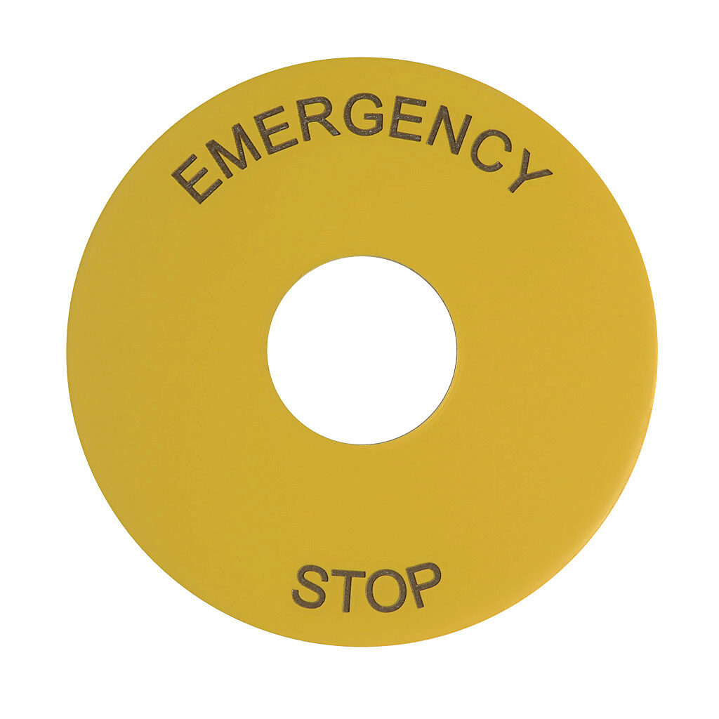 NDP-70-ES - Schmersal legend plate, metal, round, yellow field, yellow background, black engraved text, legend plate marking "Emergency Stop". For use with 22mm pilot devices.