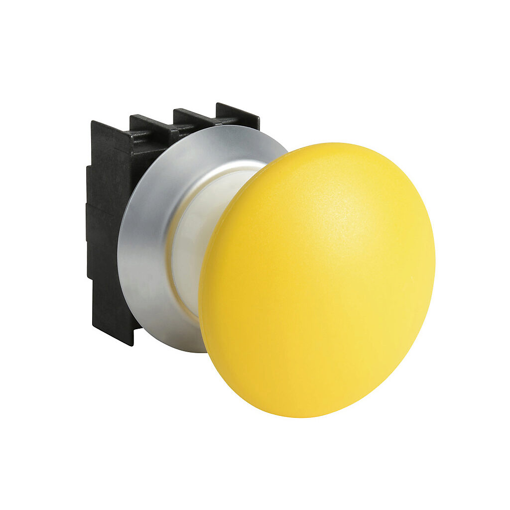 NDP50GB - Schmersal pushbutton, IP67 and IP69K, 22mm, momentary, operator only, plastic base, plastic bezel, Operator: yellow, mushroom, 50mm, round, plastic. Requires contact blocks.