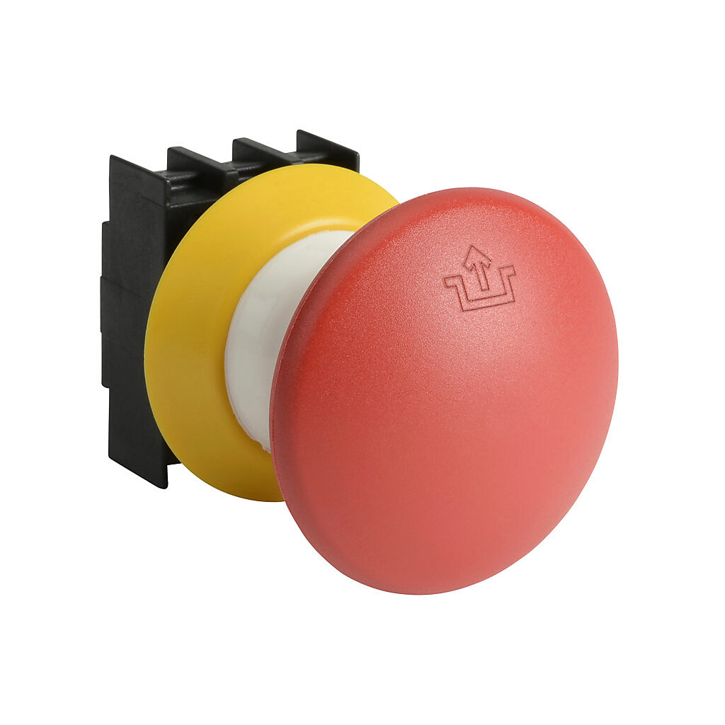 NDRZ50RT-2905-1 - Schmersal emergency stop pushbutton, IP67 and IP69K, 22mm, push to lock, pull to reset, operator only, plastic base, plastic bezel, yellow, Operator: red, mushroom, 50mm, round, plastic, operator text "push/pull symbol". Requires...