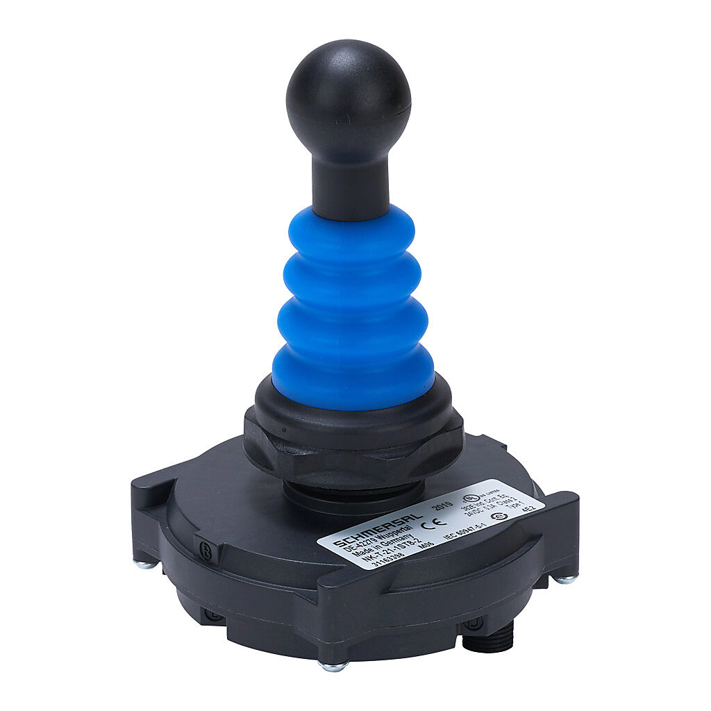NK-T-21-1ST8-2 - Schmersal selector switch, IP65, IP67, IP69 and IP69K, 22mm, 2-position, momentary, (2) N.O. contact(s), plastic base, plastic bezel, Operator: blue, joystick, 25mm, round, plastic.