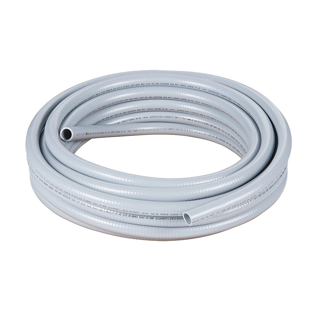 NM-12-50 - Electri-Flex Liquatite liquid-tight flexible non-metallic conduit, embedded spiral rigid PVC, PVC wall, 3/4in trade size, gray, UL-1660 Listed, 50ft/15.2m coil length.