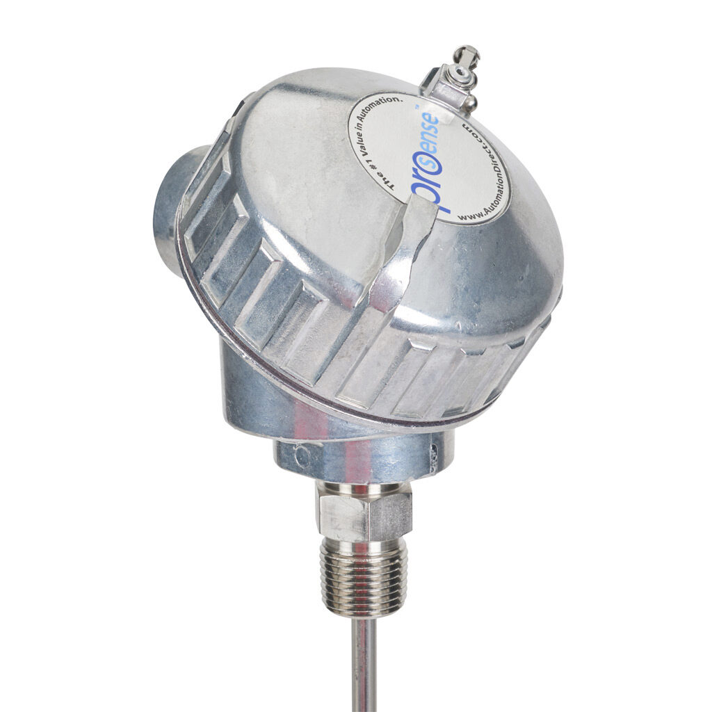 NTC10K3-C04-03 - ProSense temperature sensor, 10K Type 3 thermistor, connection head spring-loaded probe, 4in insertion length, 1/4in probe diameter, stainless steel sheath, 1/2in male NPT process connection, aluminum screw cover head with 2ft 24 ...