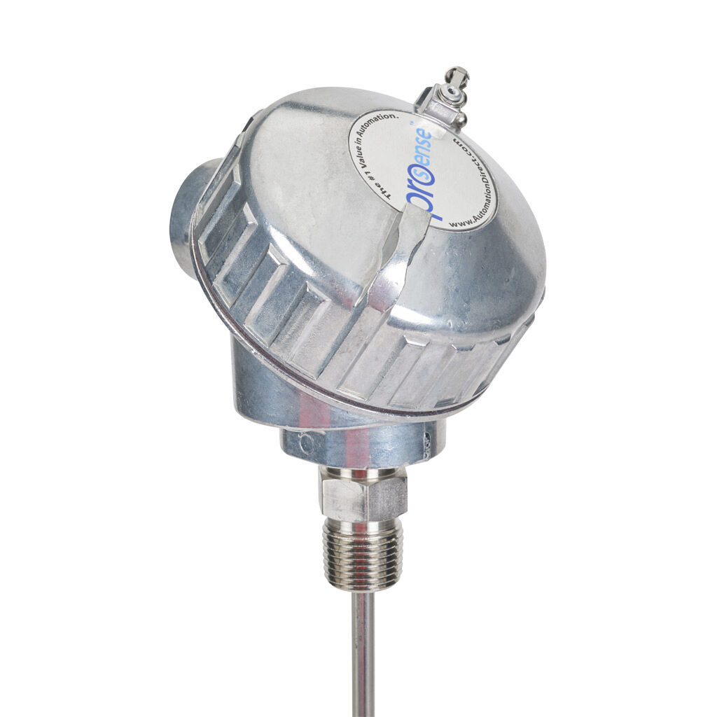 NTC10K3-C06-03 - ProSense temperature sensor, 10K Type 3 thermistor, connection head spring-loaded probe, 6in insertion length, 1/4in probe diameter, stainless steel sheath, 1/2in male NPT process connection, aluminum screw cover head with 2ft 24 ...