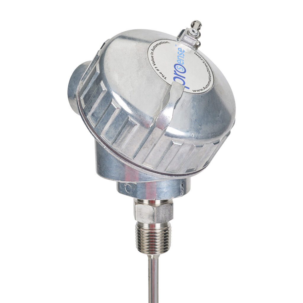 NTC10K3-C12-01 - ProSense temperature sensor, 10K Type 3 thermistor, connection head probe, 12in insertion length, 1/4in probe diameter, stainless steel sheath, 1/2in male NPT process connection, aluminum screw cover head with 2ft 24 AWG wire leads.