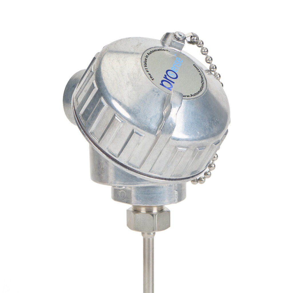 NTC10K3-C12-02 - ProSense temperature sensor, 10K Type 3 thermistor, connection head probe, 12in insertion length, 1/4in probe diameter, stainless steel sheath, aluminum screw cover head with 2ft 24 AWG wire leads.