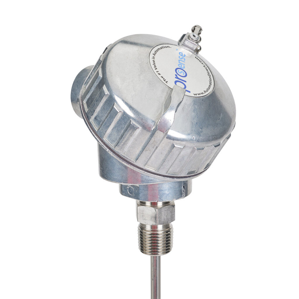 NTC10K3-C12-03 - ProSense temperature sensor, 10K Type 3 thermistor, connection head spring-loaded probe, 12in insertion length, 1/4in probe diameter, stainless steel sheath, 1/2in male NPT process connection, aluminum screw cover head with 2ft 24...