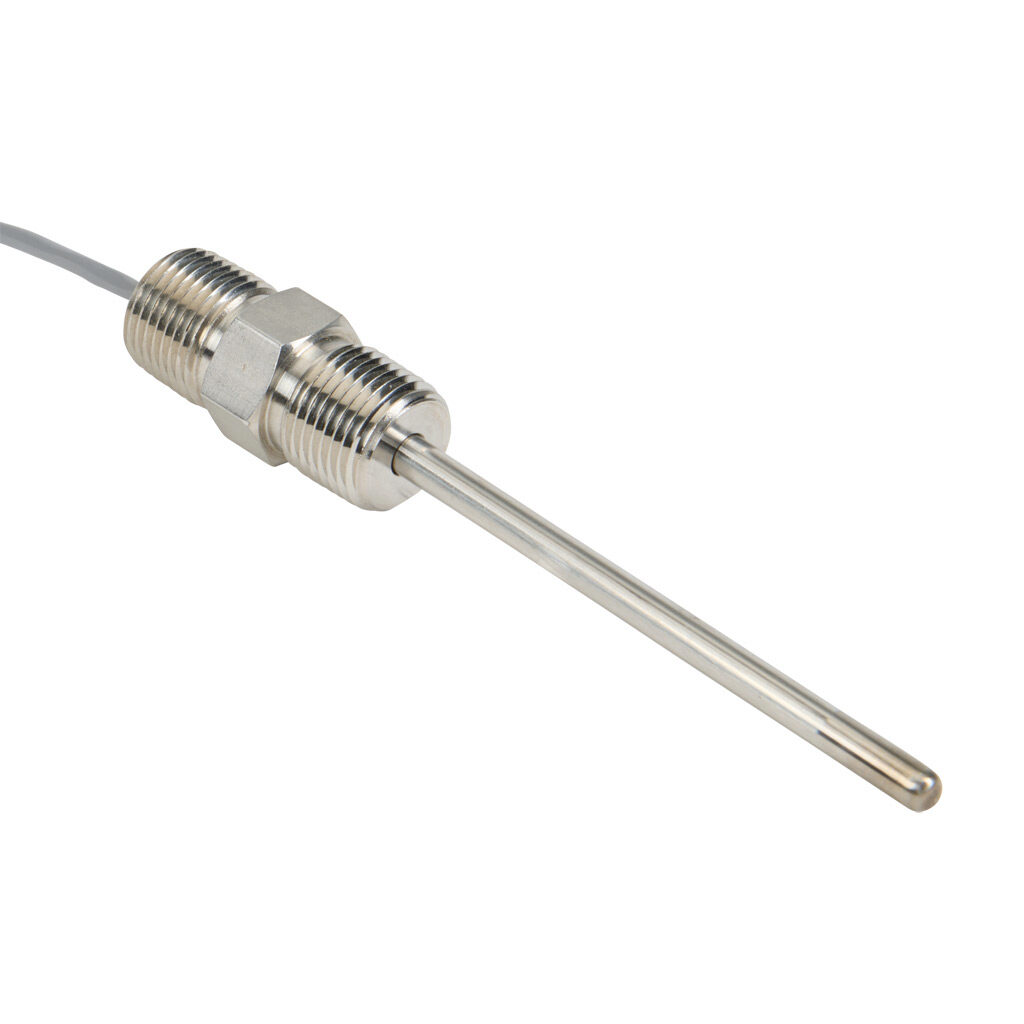 NTC10K3-H04L01-02 - ProSense temperature sensor, 10K Type 3 thermistor, hex nipple spring-loaded probe, 4in insertion length, 1/4in probe diameter, stainless steel sheath, 1/2in male NPT process connection, 1/2in male NPT with 2ft 24 AWG wire leads.
