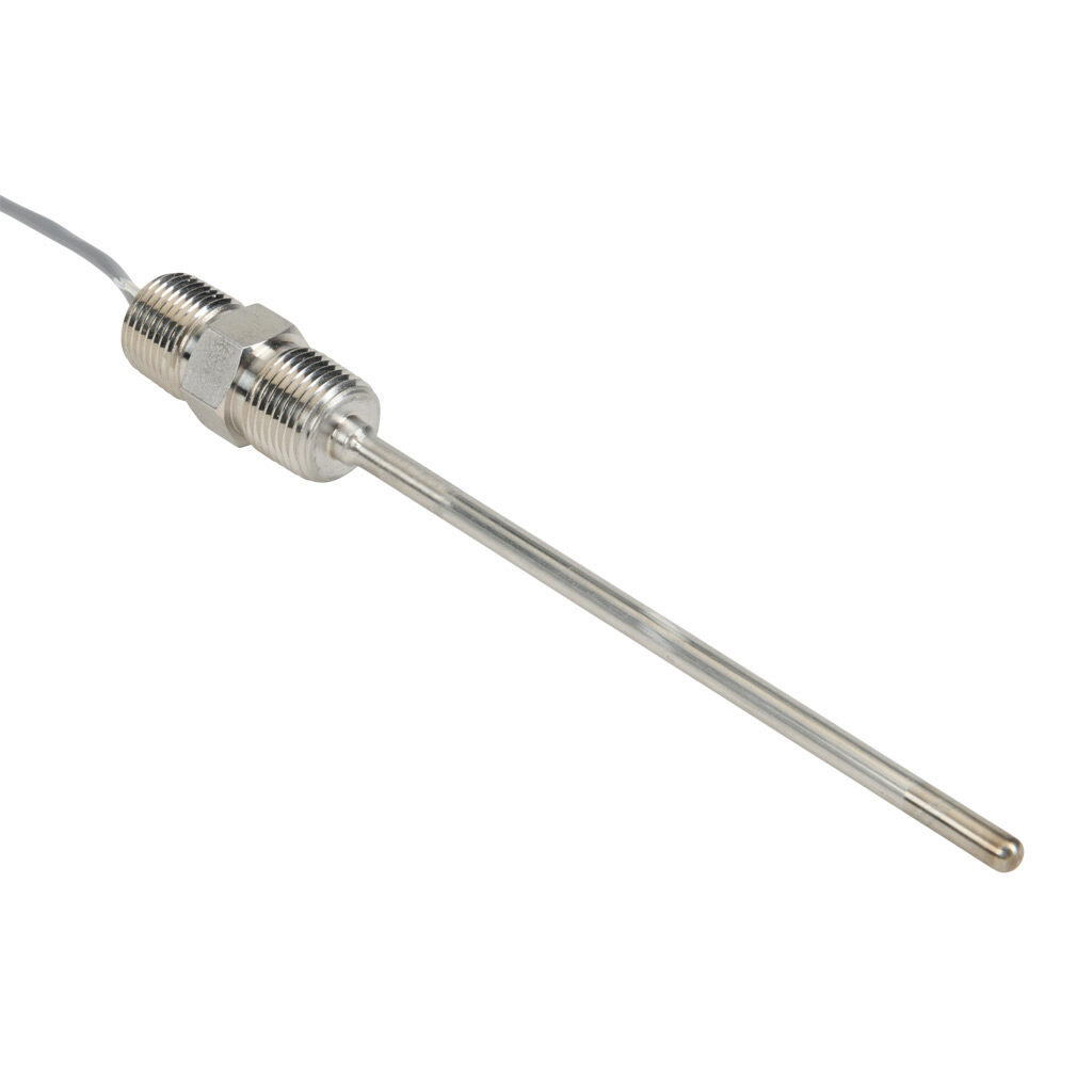 NTC10K3-H06L01-01 - ProSense temperature sensor, 10K Type 3 thermistor, hex nipple probe, 6in insertion length, 1/4in probe diameter, stainless steel sheath, 1/2in male NPT process connection, 1/2in male NPT with 2ft 24 AWG wire leads.