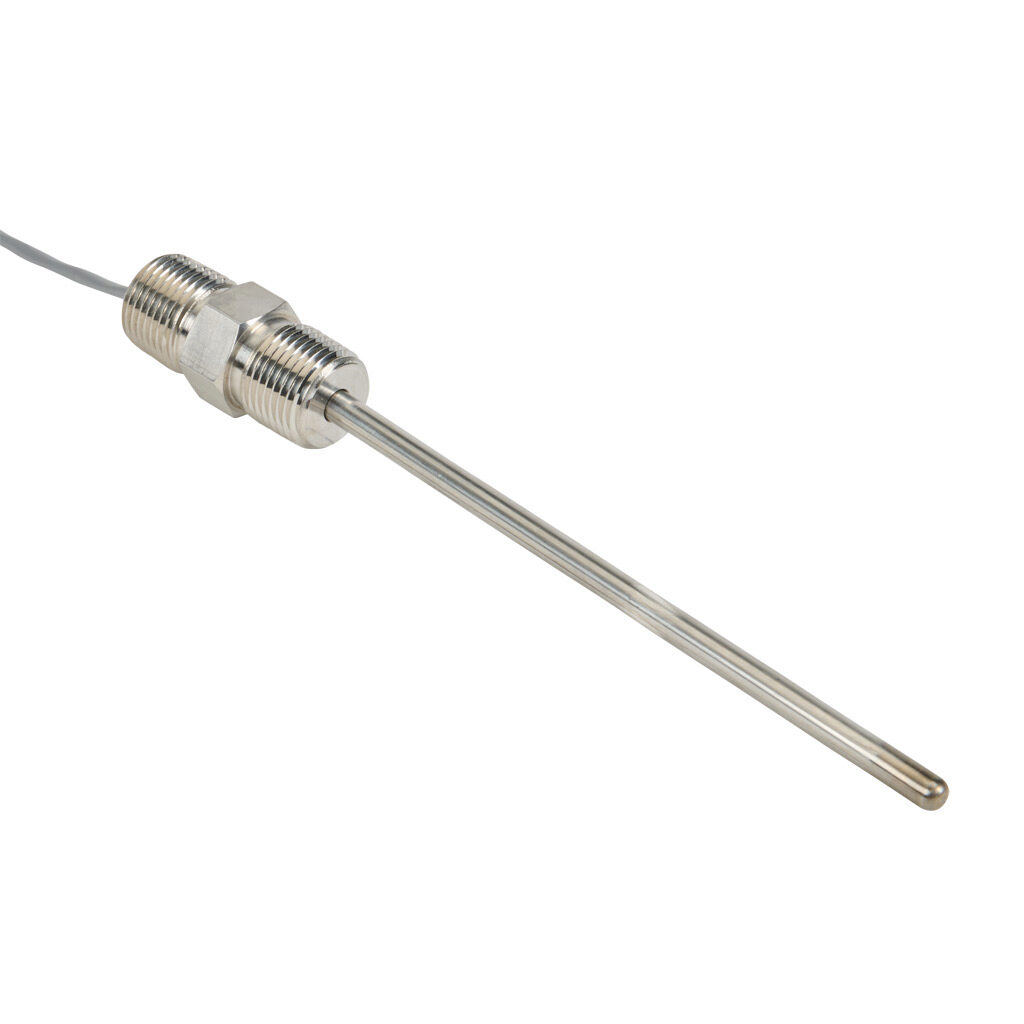NTC10K3-H06L01-02 - ProSense temperature sensor, 10K Type 3 thermistor, hex nipple spring-loaded probe, 6in insertion length, 1/4in probe diameter, stainless steel sheath, 1/2in male NPT process connection, 1/2in male NPT with 2ft 24 AWG wire leads.