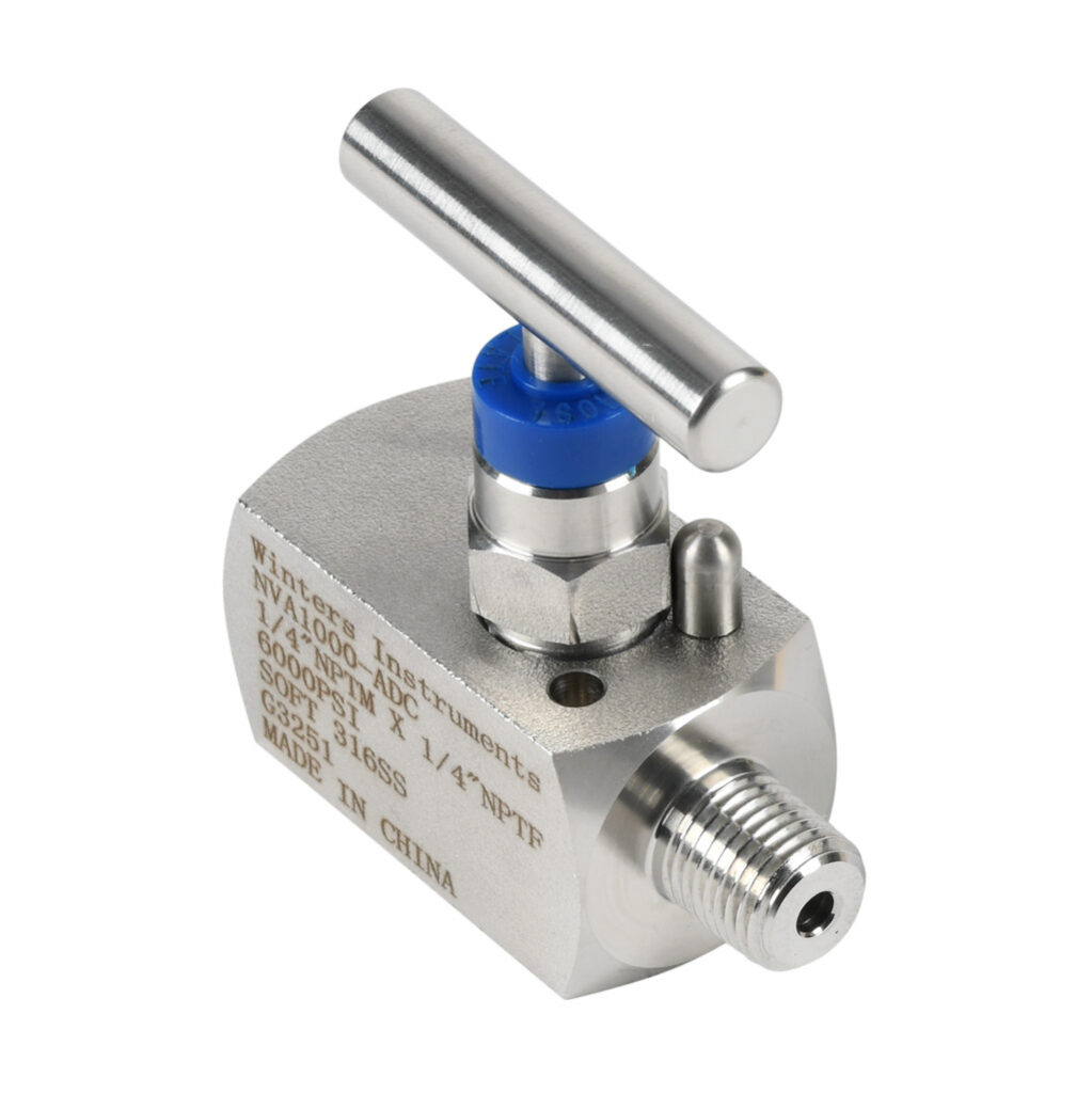NVA1000-ADC - Winters manual isolation and throttling needle valve, straight body soft seat, single handle, stainless steel body, 1/4in male NPT inlet(s), 1/4in female NPT outlet(s).