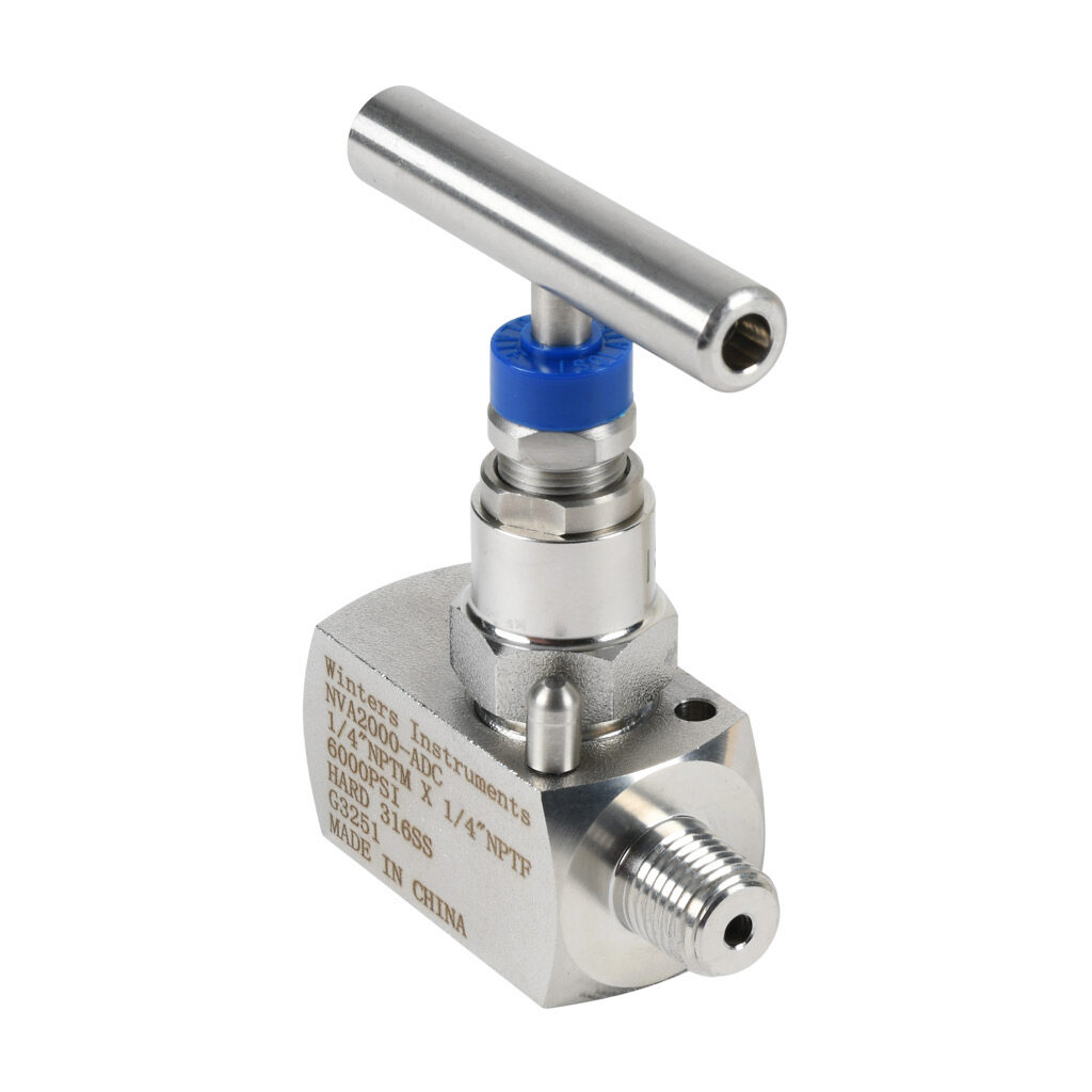 NVA2000-ADC - Winters manual isolation and throttling needle valve, straight body hard seat, single handle, stainless steel body, 1/4in male NPT inlet(s), 1/4in female NPT outlet(s).