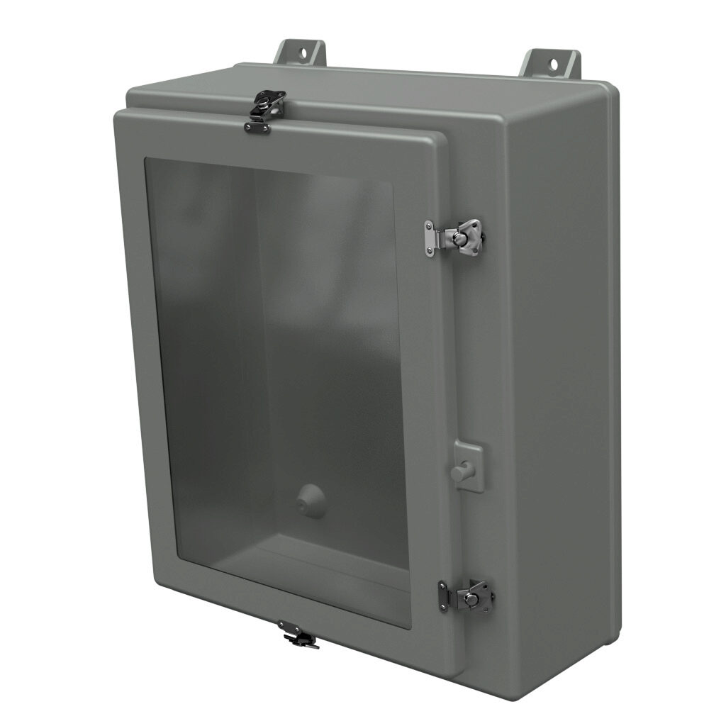 NW24208HWT - Stahlin N series enclosure, NEMA 1/3/3R/4X/12, 24 x 20 x 8in (HxWxD), wall mount, fiberglass reinforced polyester, gray, single-door, twist-lock latch, padlock hasp and staple, SAR acrylic window.