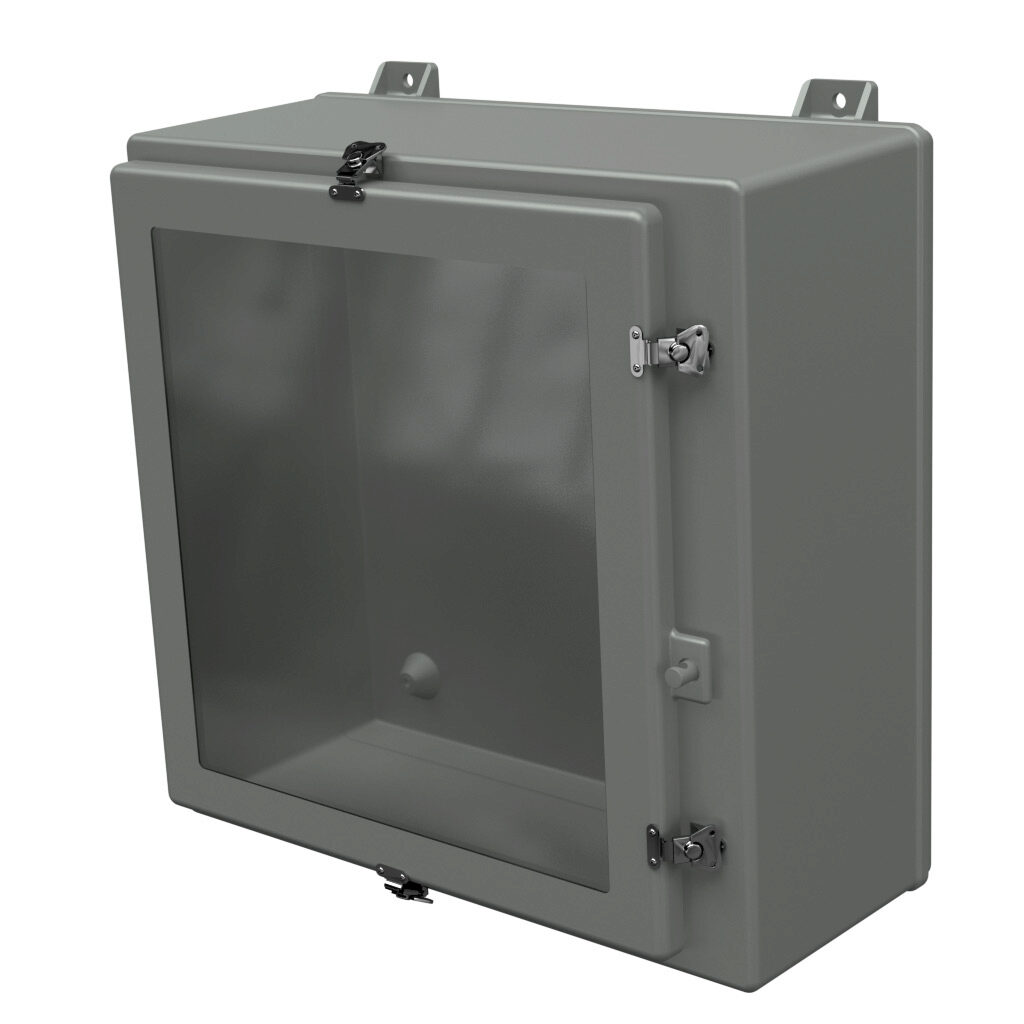 NW242410HWT - Stahlin N series enclosure, NEMA 1/3/3R/4X/12, 24 x 24 x 10in (HxWxD), wall mount, fiberglass reinforced polyester, gray, single-door, twist-lock latch, padlock hasp and staple, SAR acrylic window.