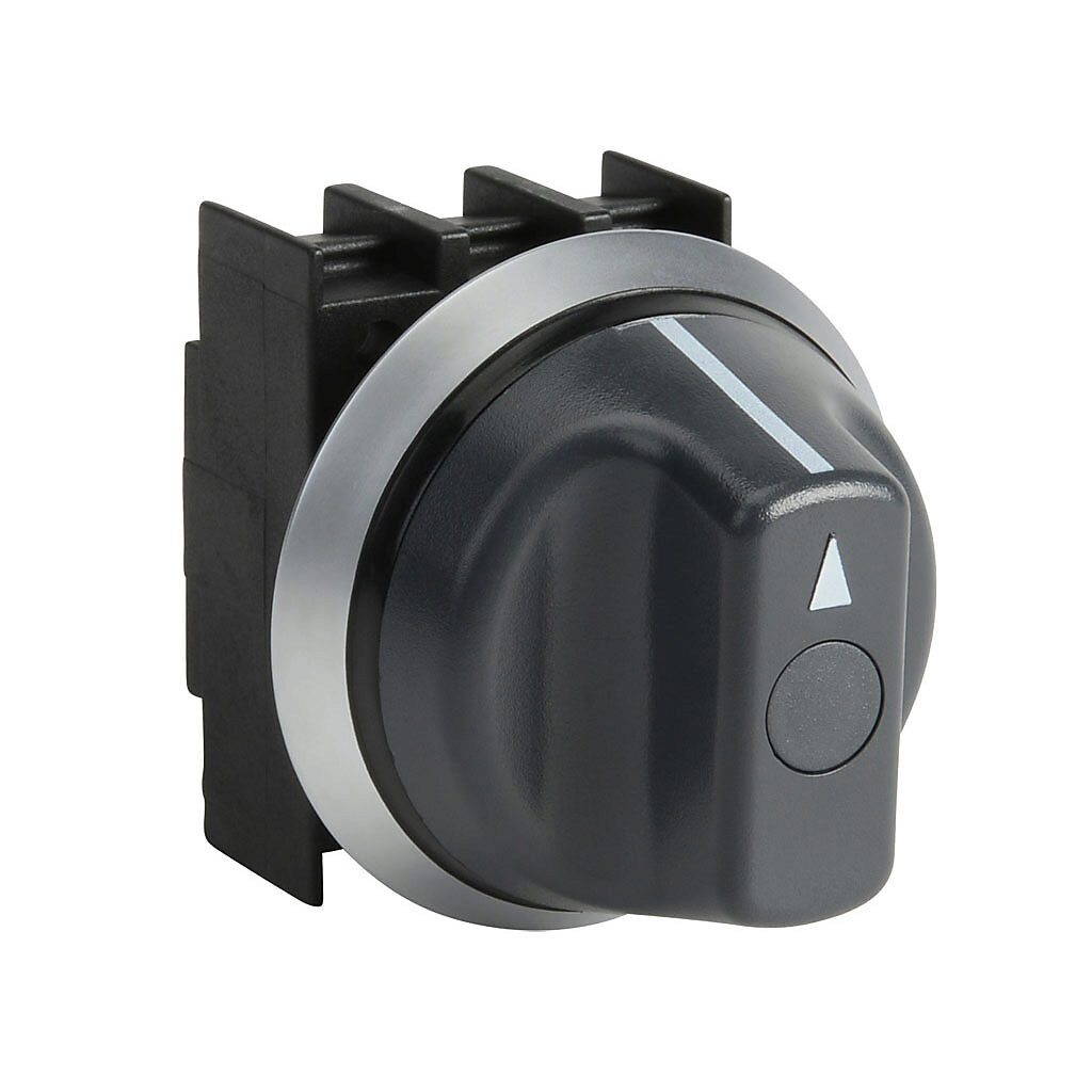NWT32 - Schmersal selector switch, IP67 and IP69K, 22mm, 3-position, spring return to center from right or left, operator only, plastic base, plastic bezel, Operator: black, knob, 44mm, round, plastic. Requires contact blocks.